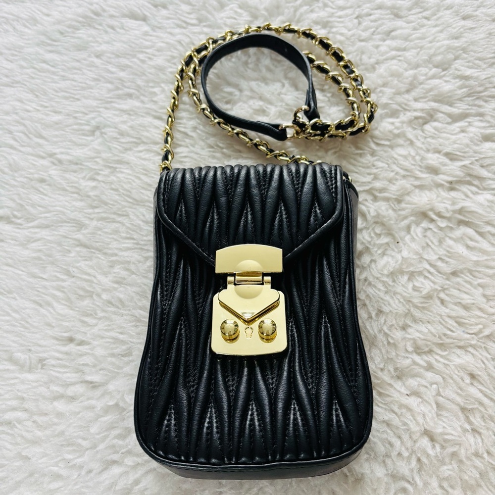 Tiffany & Fred Paris Black Quilted/Gold Small Shoulder/Crossbody Bag 7”x5”x2”